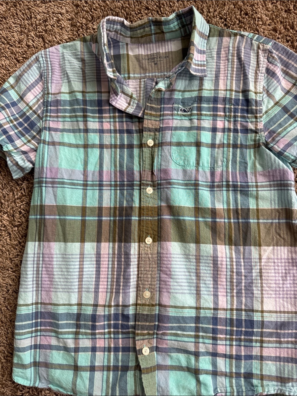 Vineyard Vines Plaid Short-Sleeve Button-Down in Mint, Brown & Blue